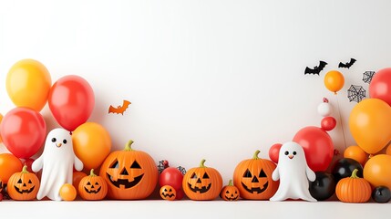 Fototapeta premium Colorful Halloween decorations featuring pumpkins, balloons, and cute ghosts to celebrate the spooky season.