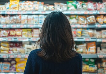 Fototapeta premium Woman Browsing Supermarket Aisles