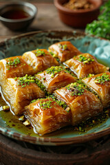 Baklava with honey syrup and pistachios