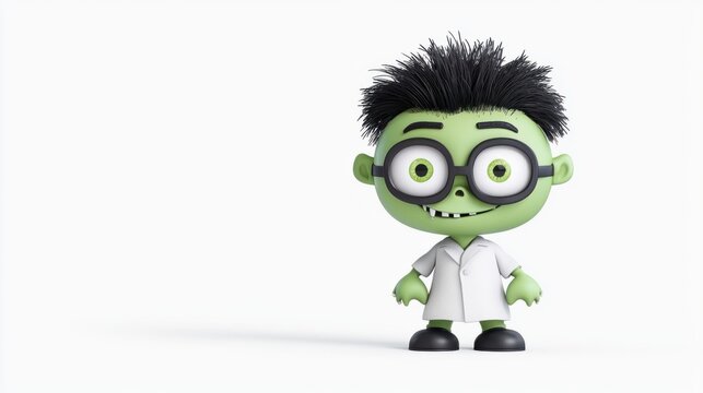 Cute 3D Halloween Frankenstein's Monster Experimenting in Laboratory on White Background