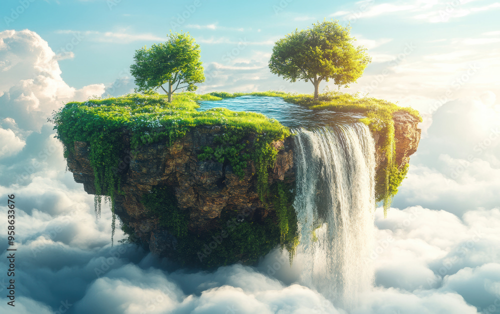 Aufkleber a surreal floating island with lush trees and a cascading waterfall, suspended above clouds in a dre
