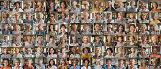 Retired Women - a grid of 84 unique square headshots of a variety of diverse, smiling, friendly mature female people in a casual home setting - 88MP XXXL
