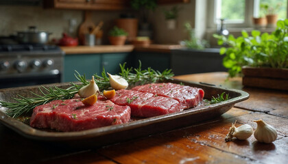 Grilled sliced Beef Steak, meat on a plate in kitchen background