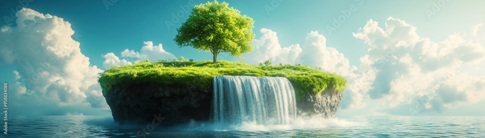 Poster enchanting floating island with lush greenery and a cascading waterfall set against a vibrant sky fi