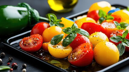 A tray of roasted mixed vegetables with olive oil and herbs