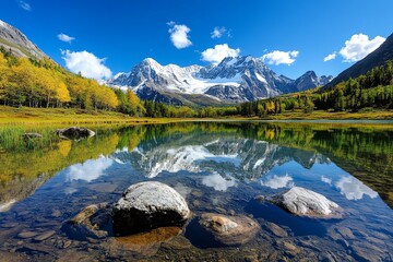 Obraz premium Pristine mountain lakes, mirrored peaks, clear skies create a perfect reflection that doubles the beauty of the scene