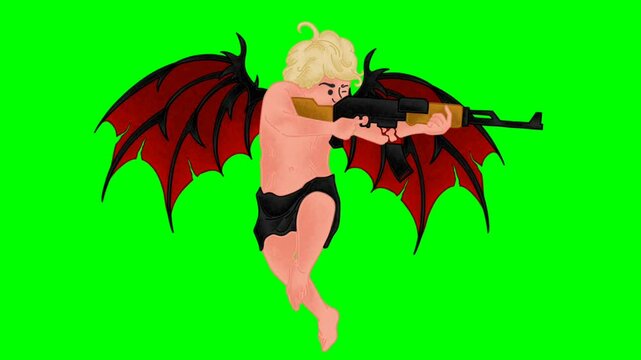 This image features a blonde cherub with black-and-red bat wings and an assault rifle, creating a contrast between angelic elements and symbols of darkness and violence.