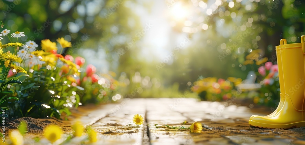 Poster a yellow rain boot is on a path with flowers