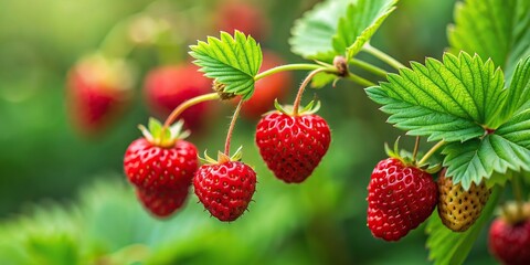 Small red wild strawberries in front of a green leaf at eye level, berry bush, juicy, bright red, green leaf, mouthwatering, plant, delicious, growth, close-up, wild berries, red, tasty