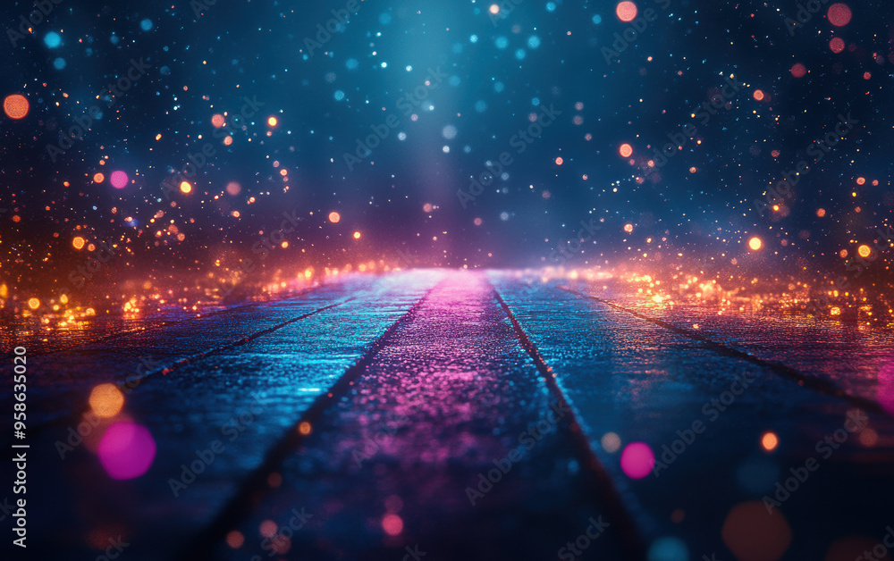 Poster vibrant abstract night scene with colorful bokeh lights on a wet reflective surface, creating a magi