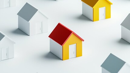 A cluster of 3D minimalist homes, one highlighted in vibrant color to represent peak housing demand