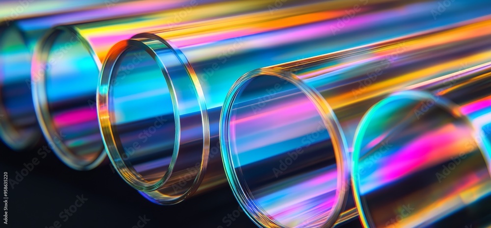 Poster transparent iridescent glass curved stripe with extreme depth of field. text place. modern abstract 