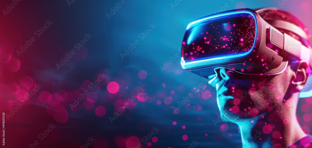 Poster a man wearing a virtual reality headset is looking at a colorful background
