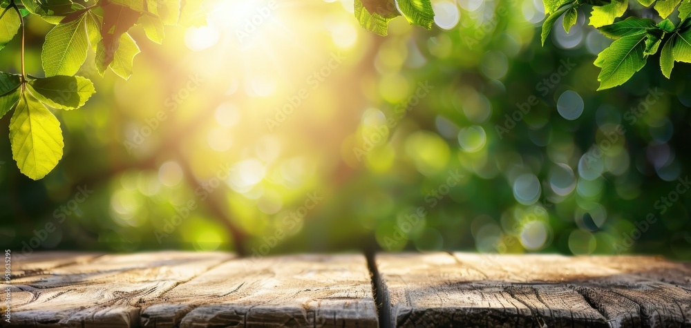 Poster a wooden table with a view of trees and leaves