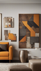 a modern living room wall adorned with abstract geometric artwork. The artwork consists of multiple panels with a combination of squares and rectangles in earthy tones of brown, beige, orange, and bla