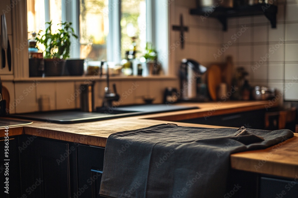 Wall mural kitchen countertop with gray cloth