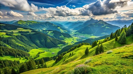 Obraz premium slopes, grass, environment, tranquility, mountain, nature, view, scenery, breathtaking, hills, Green meadow on a mountain slope with a breathtaking view of nature from a high angle