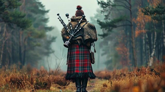 Scottish bagpiper playing music in a misty forest during autumn's golden hour