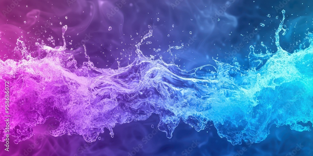 Poster vibrant water splash in dynamic colors of pink and blue, creating a mesmerizing abstract background 