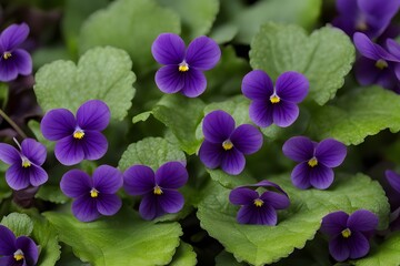 Violet wood violets with heart shaped leaves and deep purple petals, AI Generated