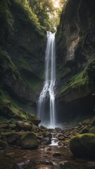 Fototapeta premium Majestic Waterfall Cascading Over Rocks Surrounded by Lush Green Forest in Early Morning Light.