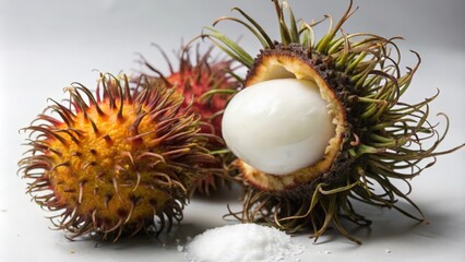 Three Rambutan Fruits, One Opened, with White Powder