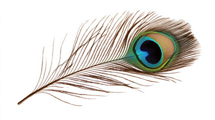 Obraz premium Close-up of a vibrant peacock feather with intricate detail and vivid colors, isolated on a white background.