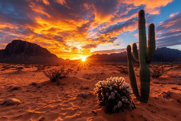 A stunning sunrise illuminates a desert landscape featuring a prominent cactus, bushes, and distant mountains, creating a vibrant and scenic natural view.