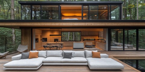 Fototapeta premium Modern two-story glass and wooden house beautifully nestled in a lush forest, featuring an open-concept kitchen and spacious outdoor lounging area with comfortable seating