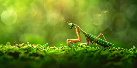 Pequeño saltamontes sobre una hoja verde with blur green background 