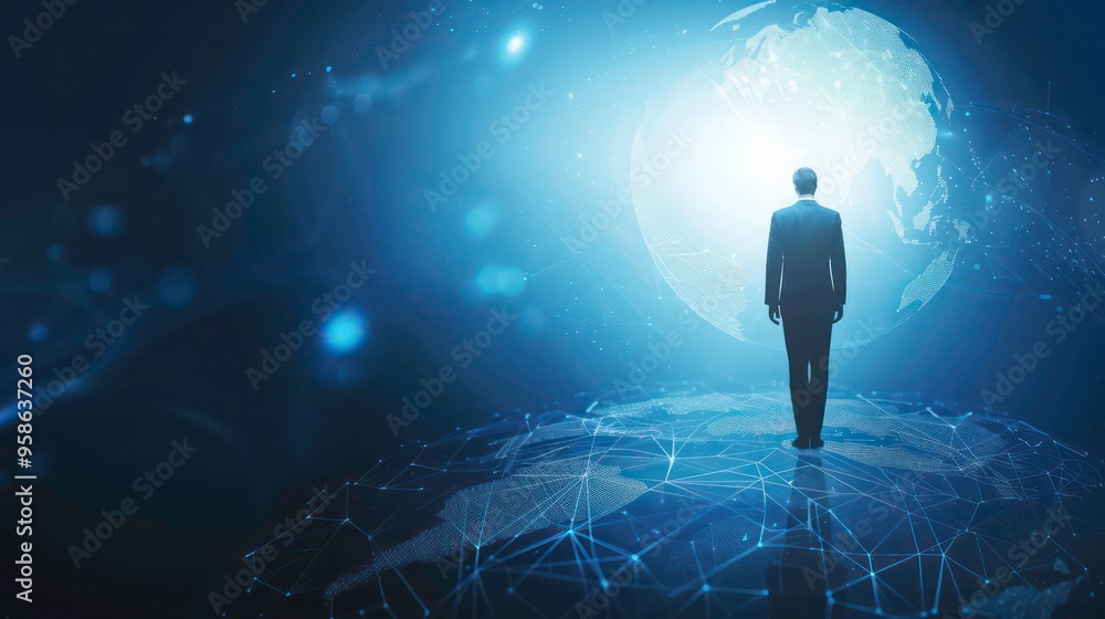 Poster a businessman standing on a network of glowing lines, looking at a glowing globe, representing globa
