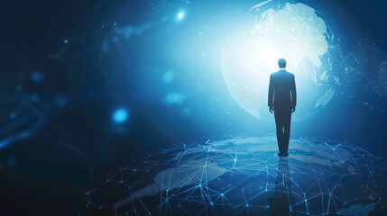 Fototapeta premium A businessman standing on a network of glowing lines, looking at a glowing globe, representing global connections and networking.