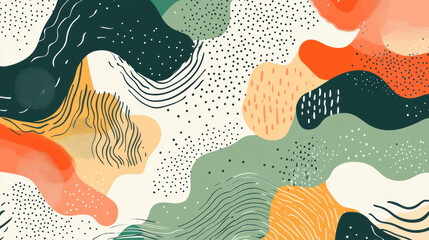 Naklejka premium Abstract pattern with organic shapes in green, orange, and beige tones. Modern and artistic background for various design projects.