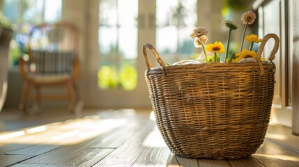 Laundry Basket: Collects dirty clothes and can be made from fabric, plastic, or wicker. Typically includes handles for convenient carrying.
