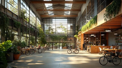 Modern Industrial Workspace with Greenery and Bikes