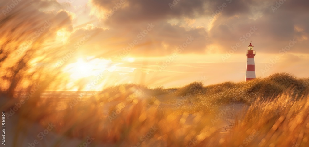 Aufkleber a lighthouse is on a beach with a beautiful sunset in the background