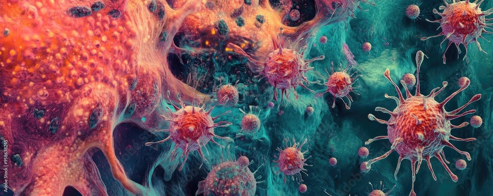 Poster colorful abstract representation of microorganisms, showcasing vibrant textures and patterns. ideal 