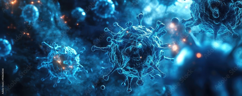 Poster futuristic digital representation of a virus in microscopic detail. explore the intricate world of m