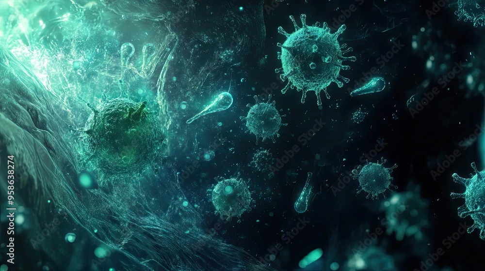 Poster microscopic view of vibrant viruses in a dark background, showcasing intricate details and luminous 