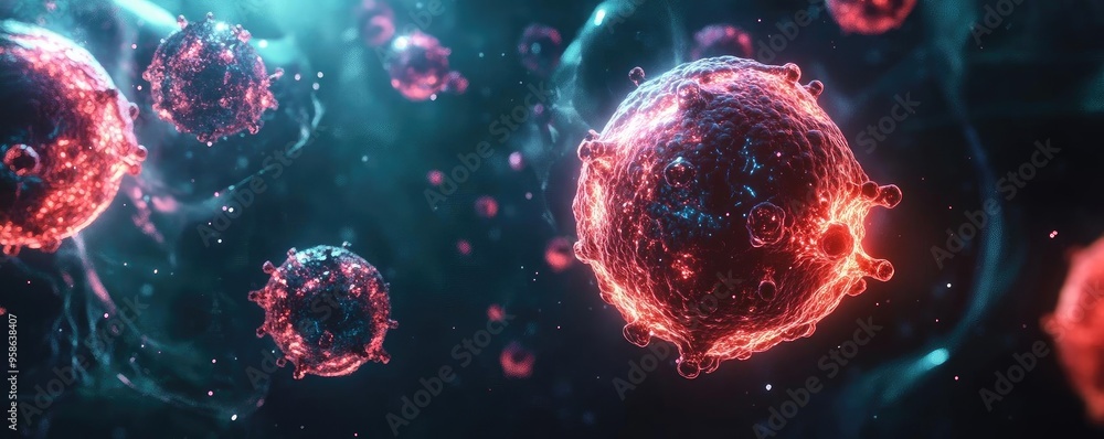 Poster vibrant abstract representation of cellular structures, showcasing intricate details and dynamic col