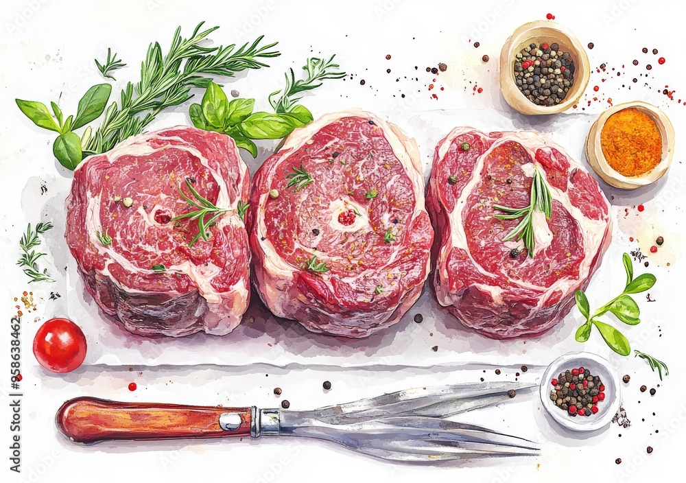 Sticker hand drawn watercolor illustration of diced raw red beef meat on a white background.