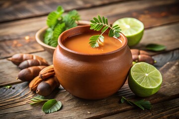 Freshly squeezed agua de tamarindo juice poured into a rustic clay cup, garnished with a sprig of fragrant