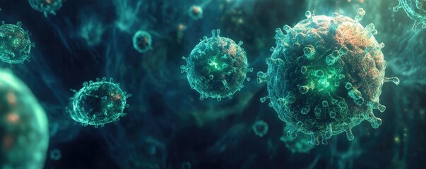 Detailed visualization of microscopic cells glowing in vibrant colors, showcasing intricate structures and organic forms.