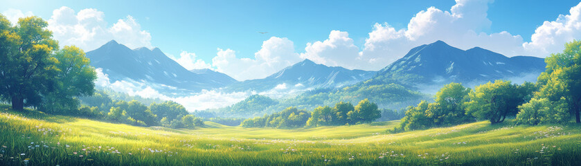 Fototapeta premium A serene landscape of lush green meadows with distant mountains under a bright blue sky, framed by fluffy white clouds and vibrant foliage.