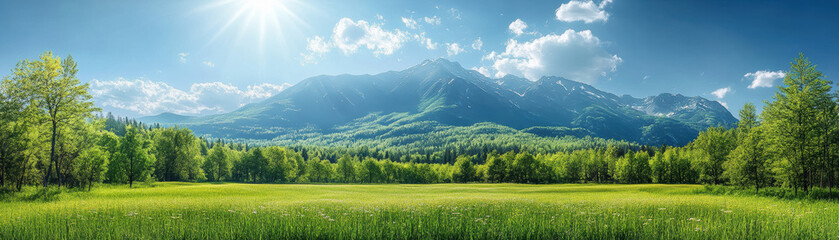 Fototapeta premium Beautiful panoramic landscape with lush green meadow, forest, and majestic mountains under a bright blue sky with sun. Perfect summer scenery.