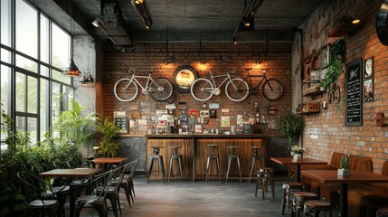 Industrial Chic Cafe Interior with Brick Walls  Bar Stools  and Vintage Bikes
