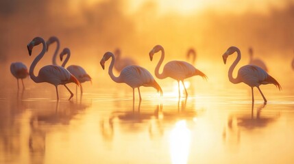 Naklejka premium Flamingos at Sunset