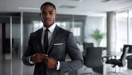 A Confident Businessman Adjusting His Suit Jacket in a Modern Office Setting