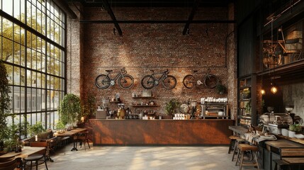 Modern Industrial Cafe Interior Design with Brick Wall  Bikes  and Rustic Furniture
