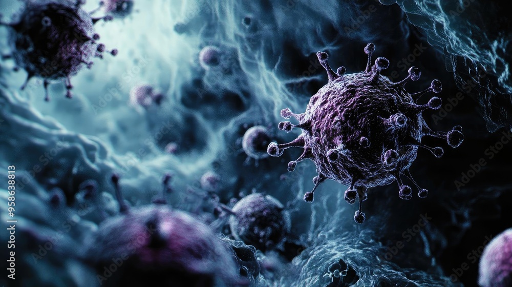 Poster close-up view of virus particles in a dynamic environment, showcasing intricate details and textures